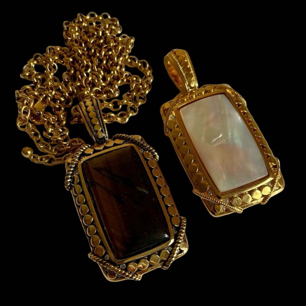 Vintage Joan Rivers 30” Gold Plated Chain And Tiger’s Eye And MOP Pendants